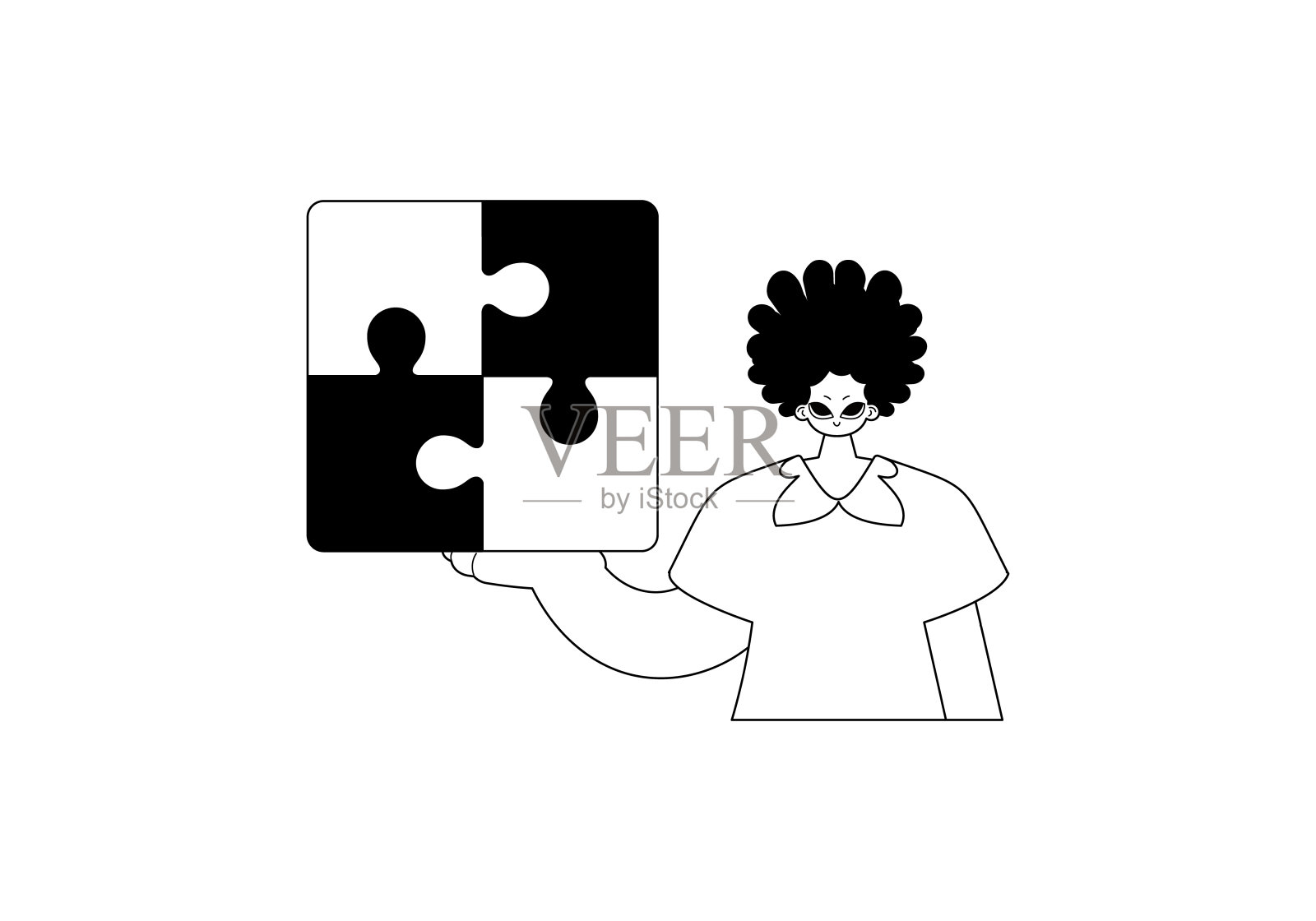 一个手里拿着拼图的男人。黑白线条艺术。时尚的风格，矢量插图插画图片素材