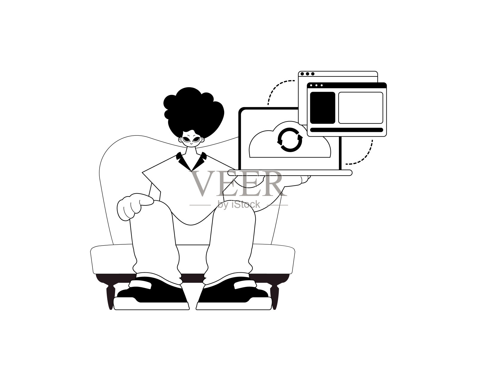 Man与同步数据的浏览器。云仓库排版。盗版和灰色触摸艺术品。时尚的风格，矢量插图插画图片素材