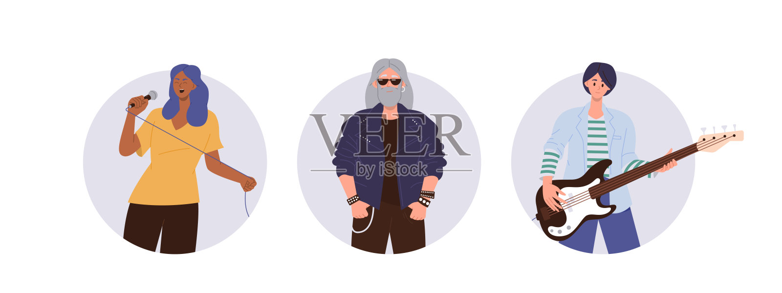 一套由快乐才华横溢的歌手、艺术家和音乐家组成的圆形音乐人物插画图片素材