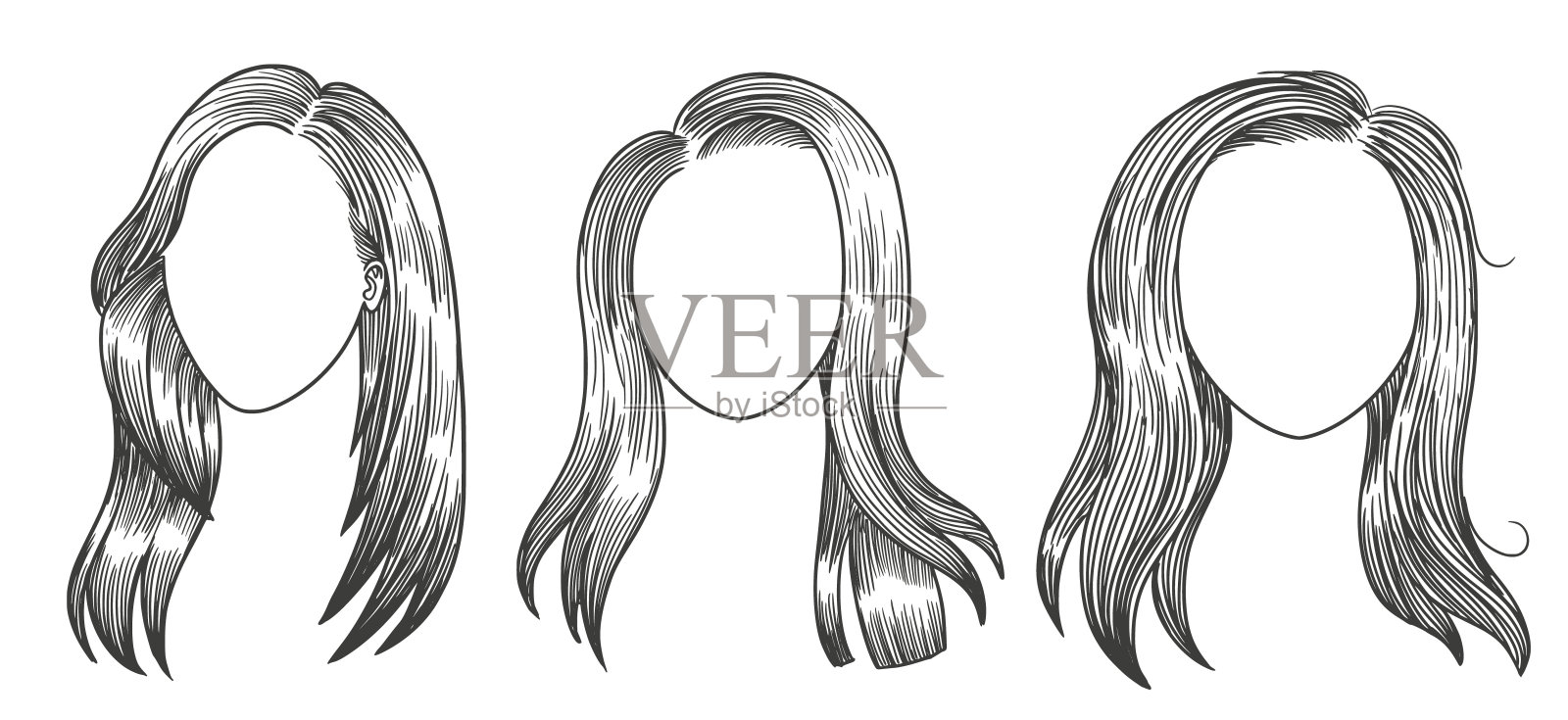 3套美丽的女人的脸，女孩与美丽的头发手绘矢量插图素描插画图片素材