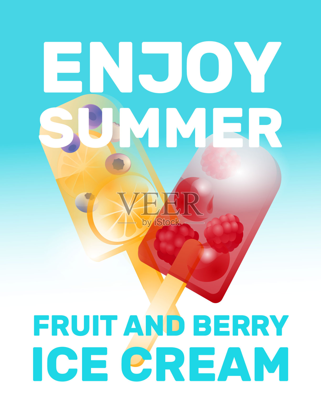 覆盆子，樱桃和蓝莓，橙色透明水果冰淇淋像玻璃。阳光明媚的背景。大文本。食品广告，休闲娱乐，暑假概念。矢量图插画图片素材