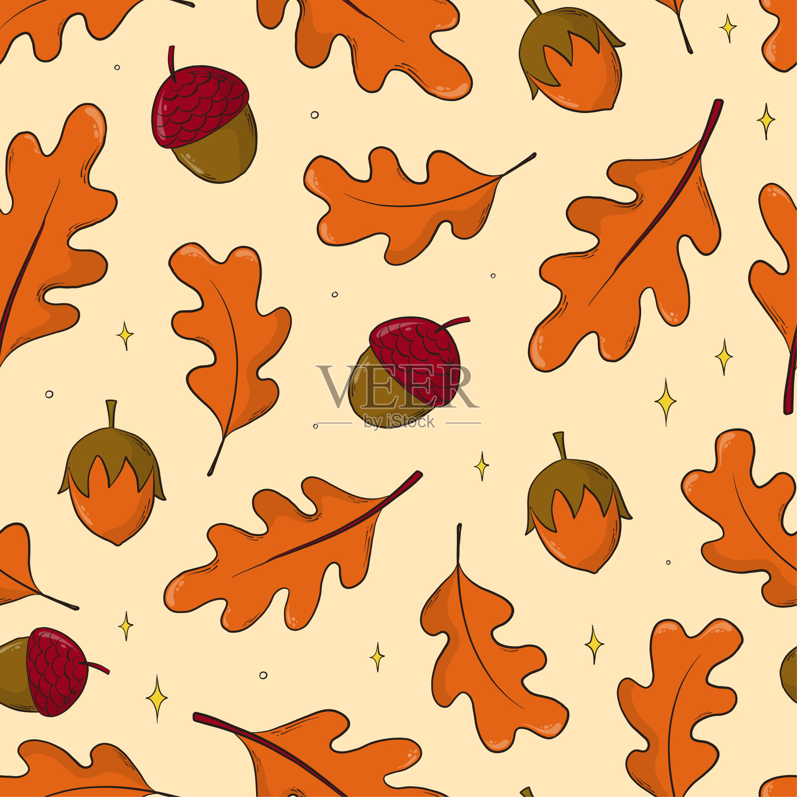 秋天无缝图案与橡子和橡树叶插画图片素材