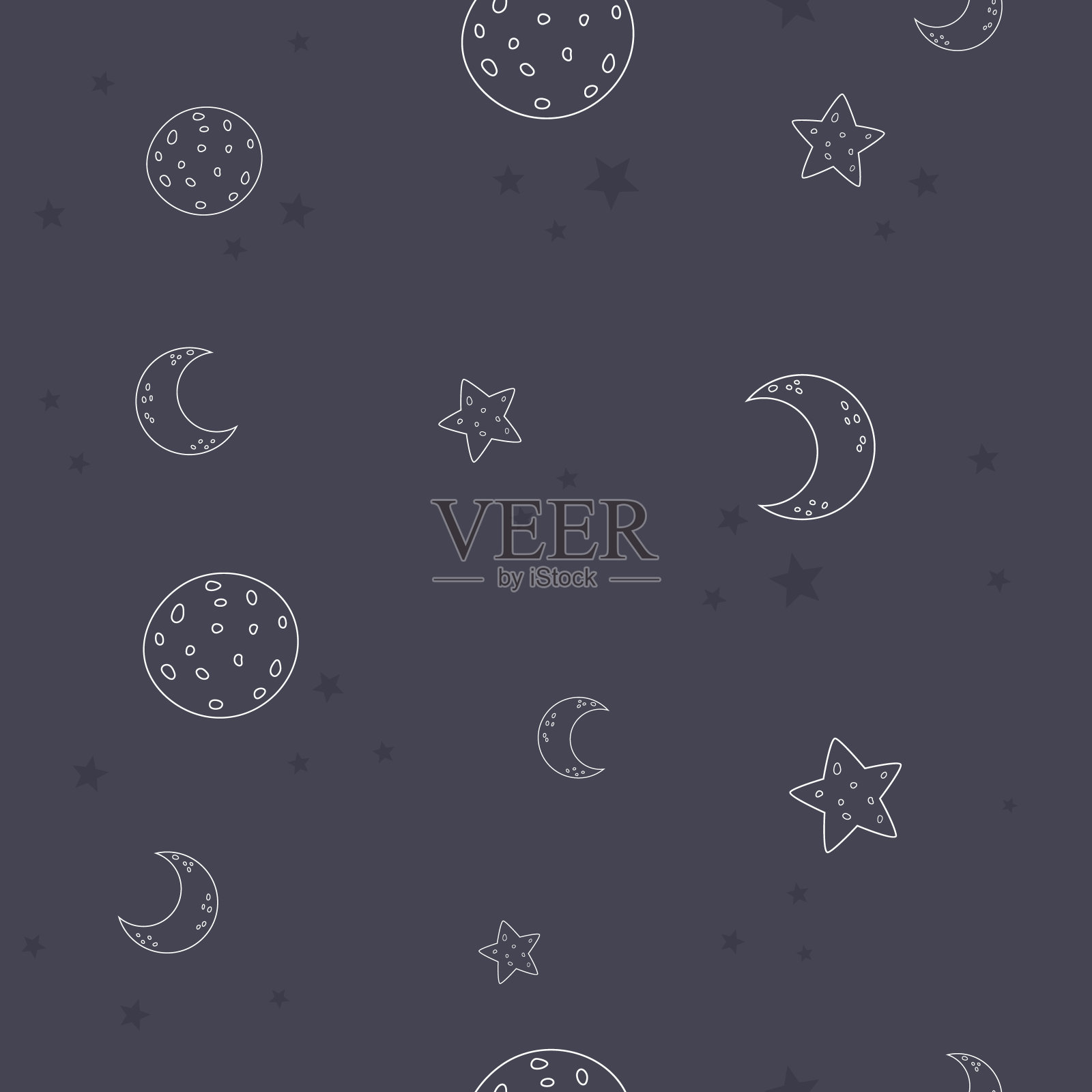 空间，宇宙线性无缝图案手绘星星，月亮，行星。插画图片素材