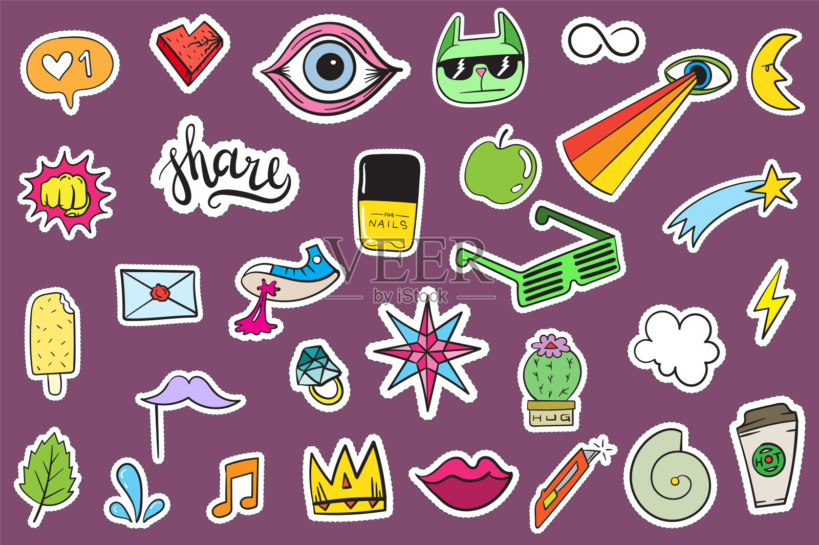 可爱的彩色现代补丁集。时装补丁。80 - 90年代的卡通风格。插画图片素材