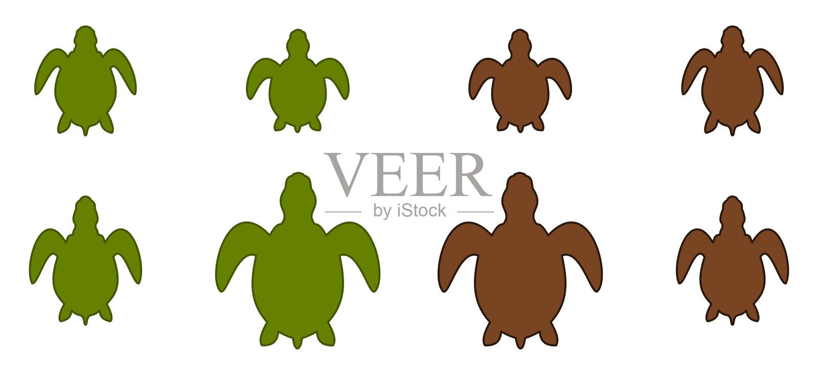 海龟图标系列在绿色和棕色的白色背景-矢量插画图片素材