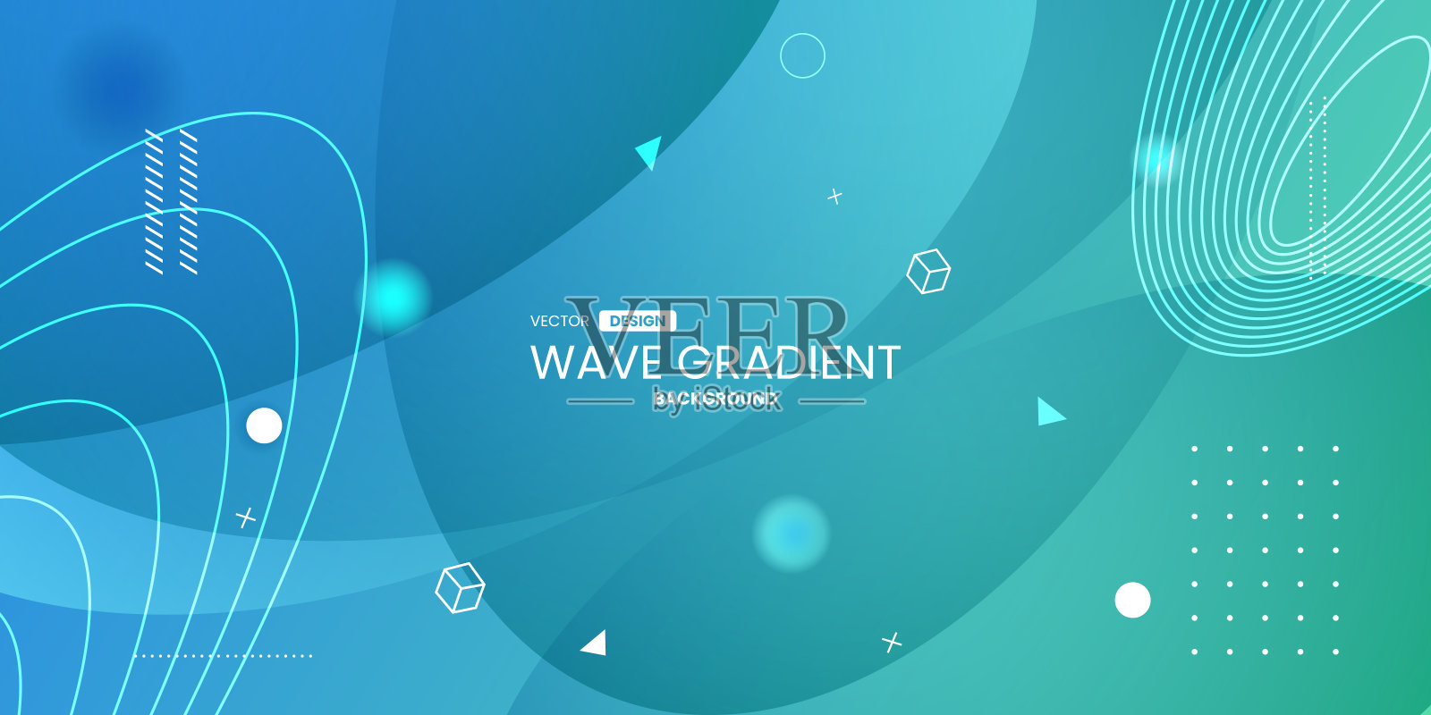 彩色蓝色和绿色渐变抽象背景与几何圆形形状元素设计。现代未来主义梯度蓝色抽象流体形状背景。夏季橙色梯度波壁纸。插画图片素材