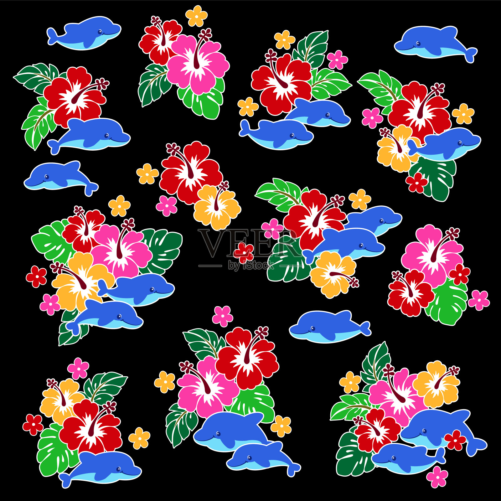 可爱的木槿和海豚插图集，插画图片素材