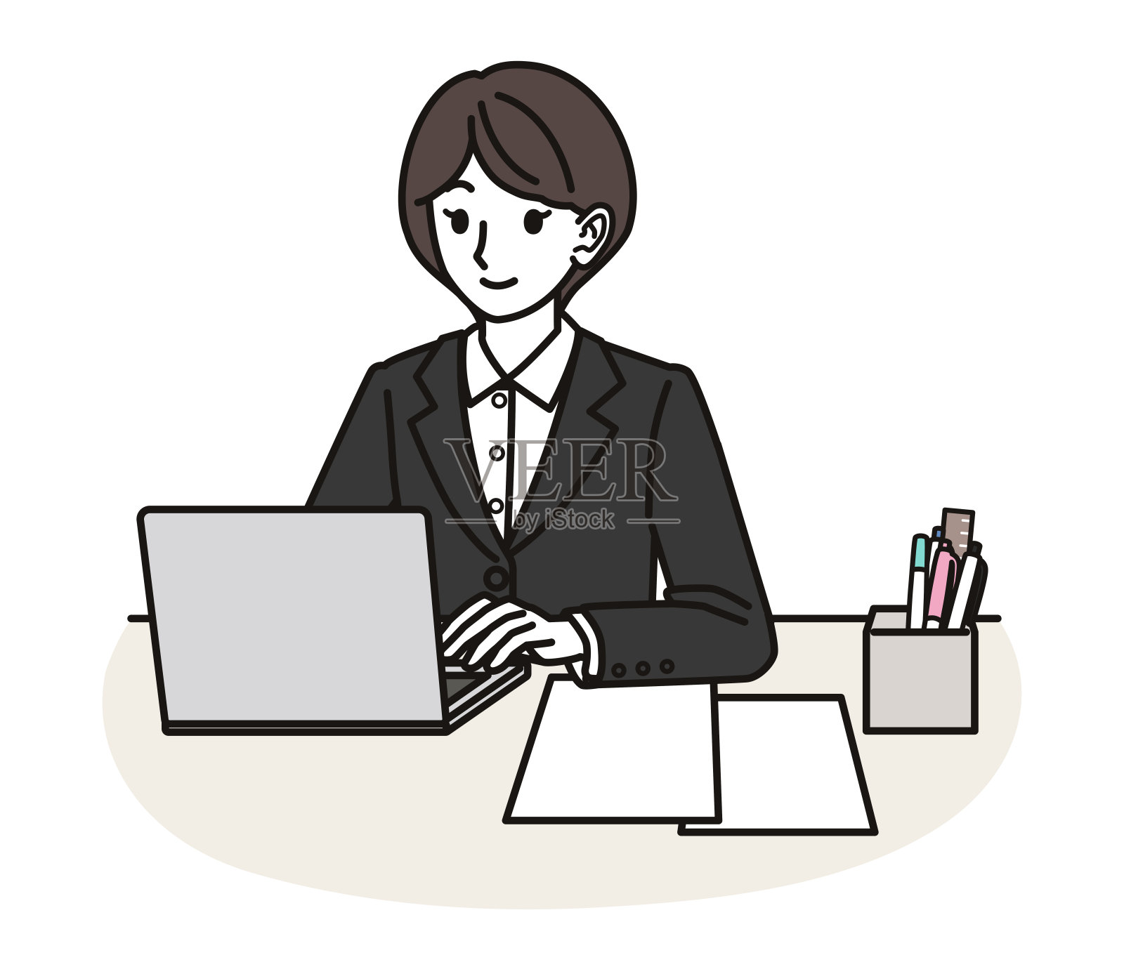 一个穿西装的女人在摆弄电脑插画图片素材