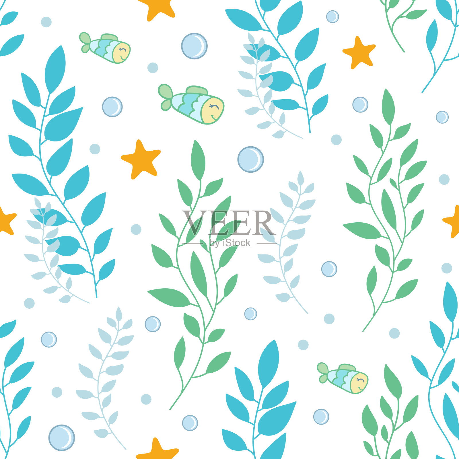 无缝图案与海洋植物，鱼类，海星，气泡。向量插画图片素材