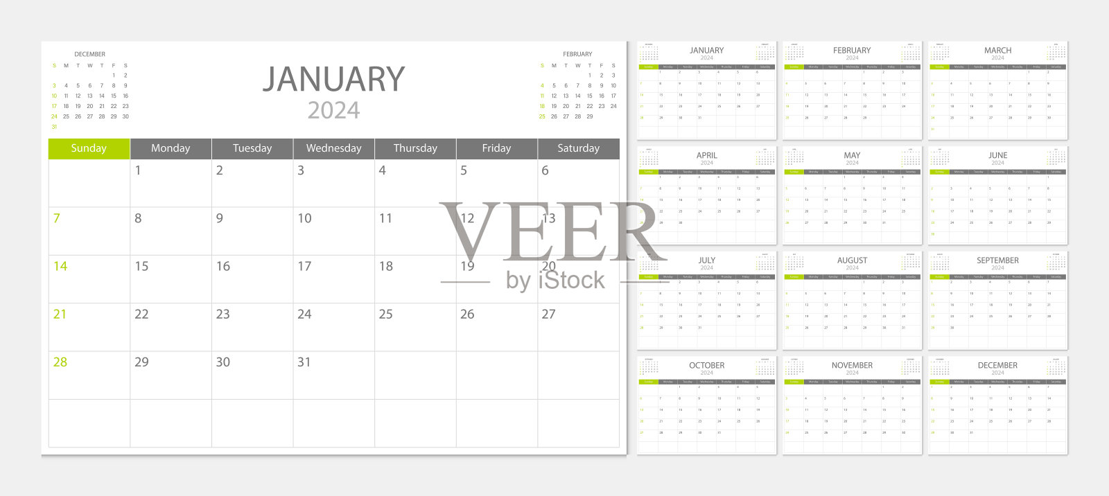 日历2024周周日开始企业设计规划模板。日历计划2024。插画图片素材