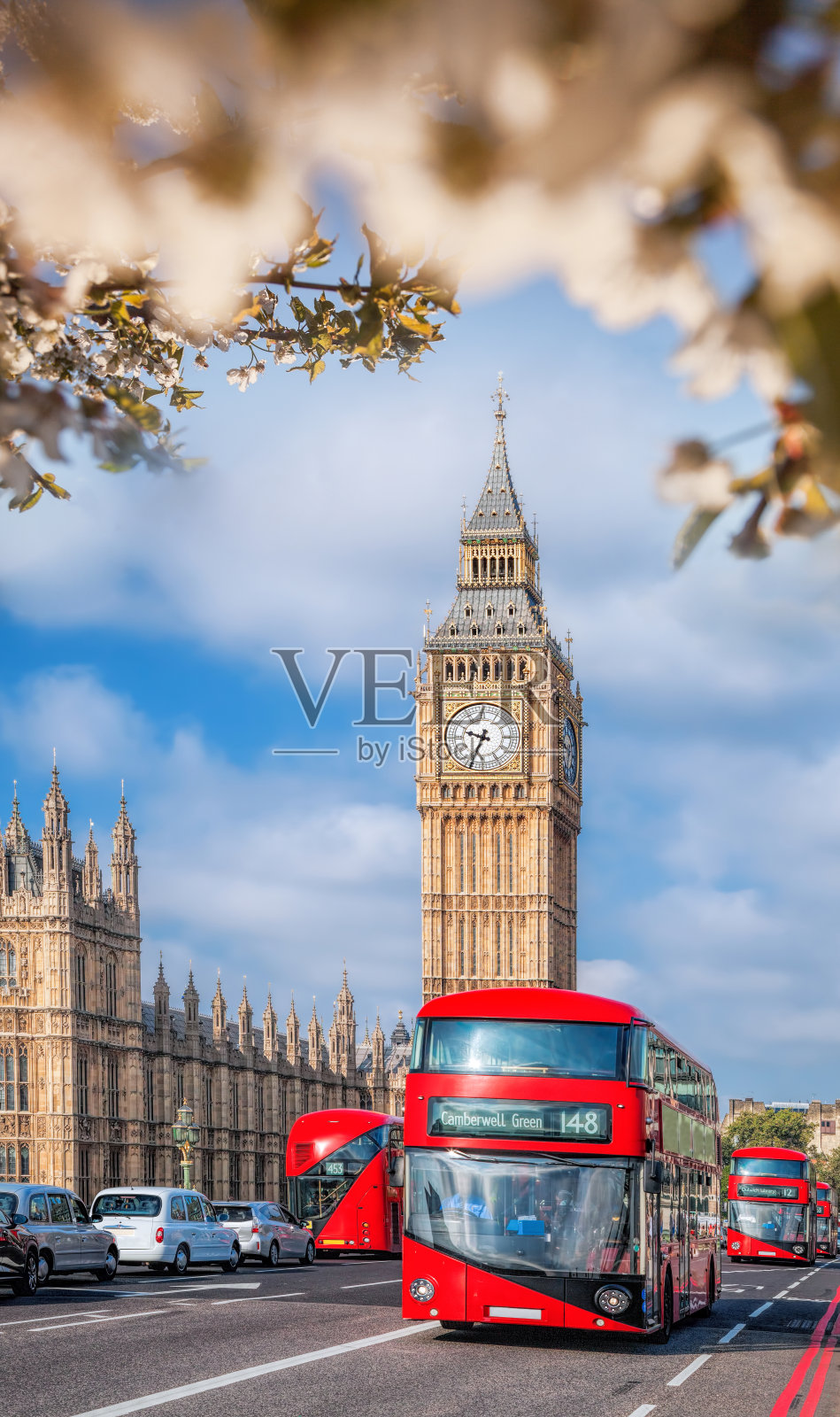 春天，英国伦敦泰晤士河大桥上著名的大本钟和红色双层巴士照片摄影图片