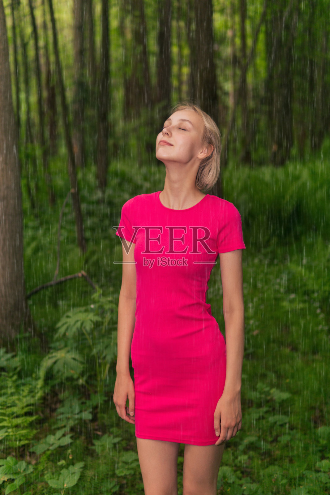 美丽的女孩在夏日的雨中漫步在森林里照片摄影图片