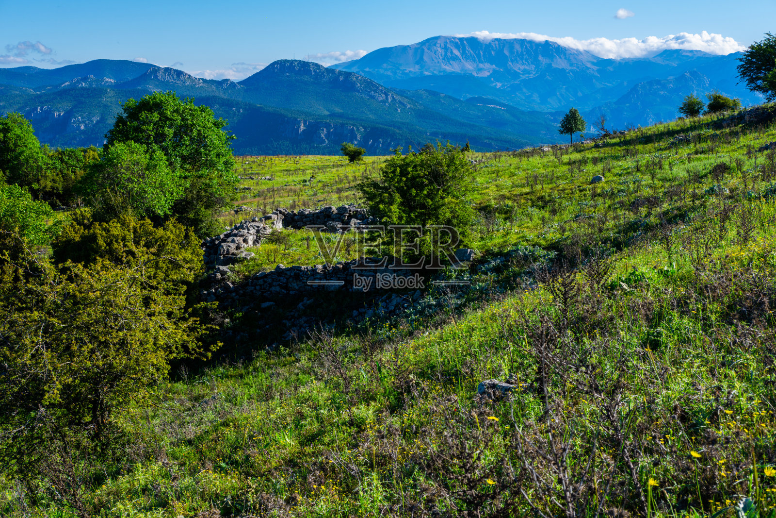 在地中海植被山脉的看法。照片摄影图片