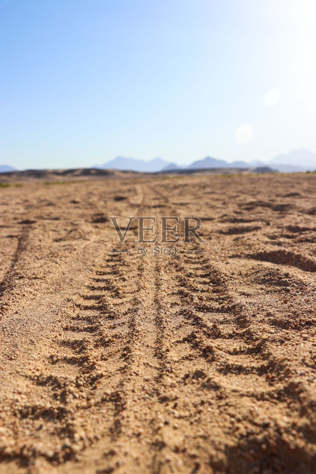 阳光明媚的日子里，一片空旷的沙地上有汽车的痕迹照片摄影图片