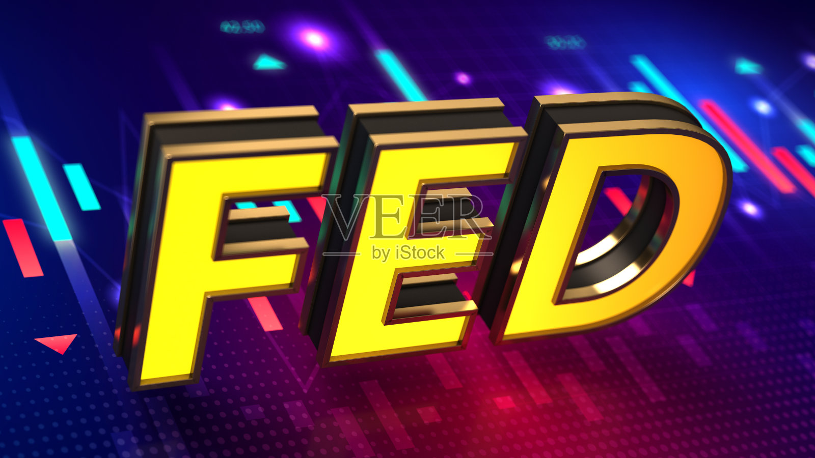 金融图表上的霓虹灯美联储联邦储备银行标志照片摄影图片