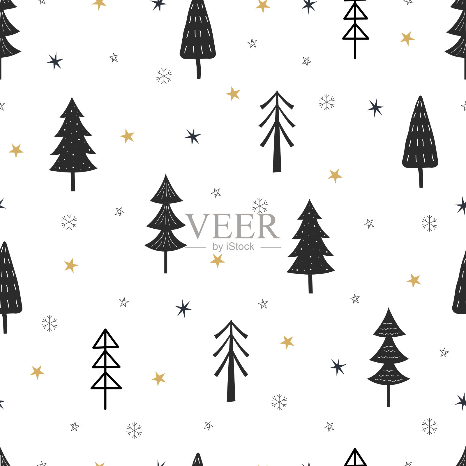 无缝图案圣诞背景与圣诞树和星星手绘设计在卡通风格，用于印刷，庆典壁纸，织物，纺织品。矢量图插画图片素材