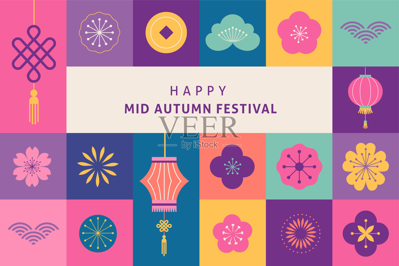 中秋节——秋夕节。月饼，灯笼和鲜花，平面几何风格的背景和海报插画图片素材