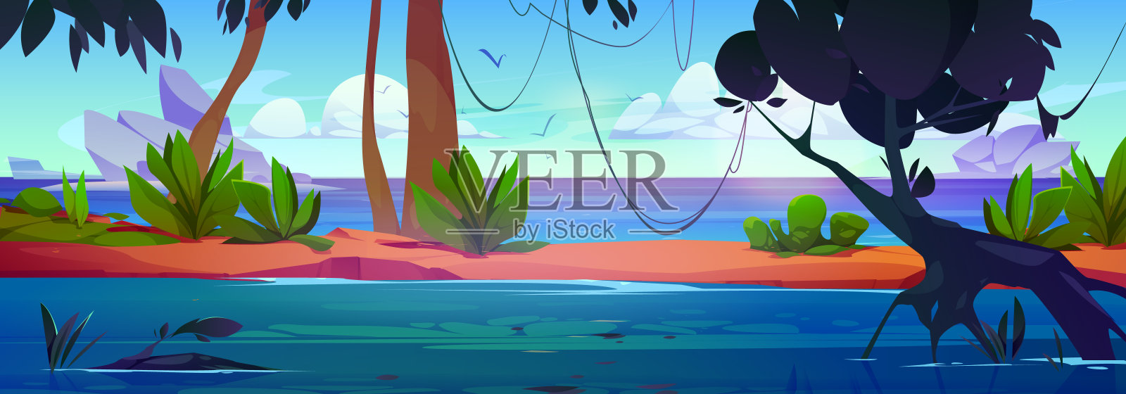 靠近海边的热带丛林森林景观插画图片素材