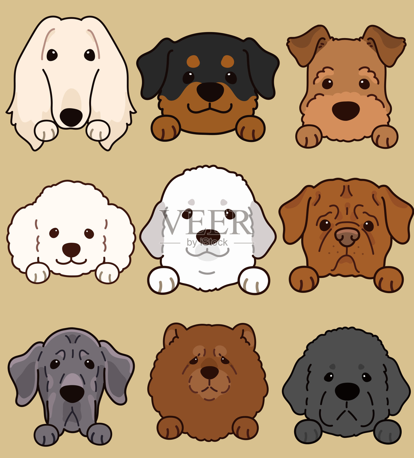 一套可爱和简单的狗头插图与前爪插画图片素材