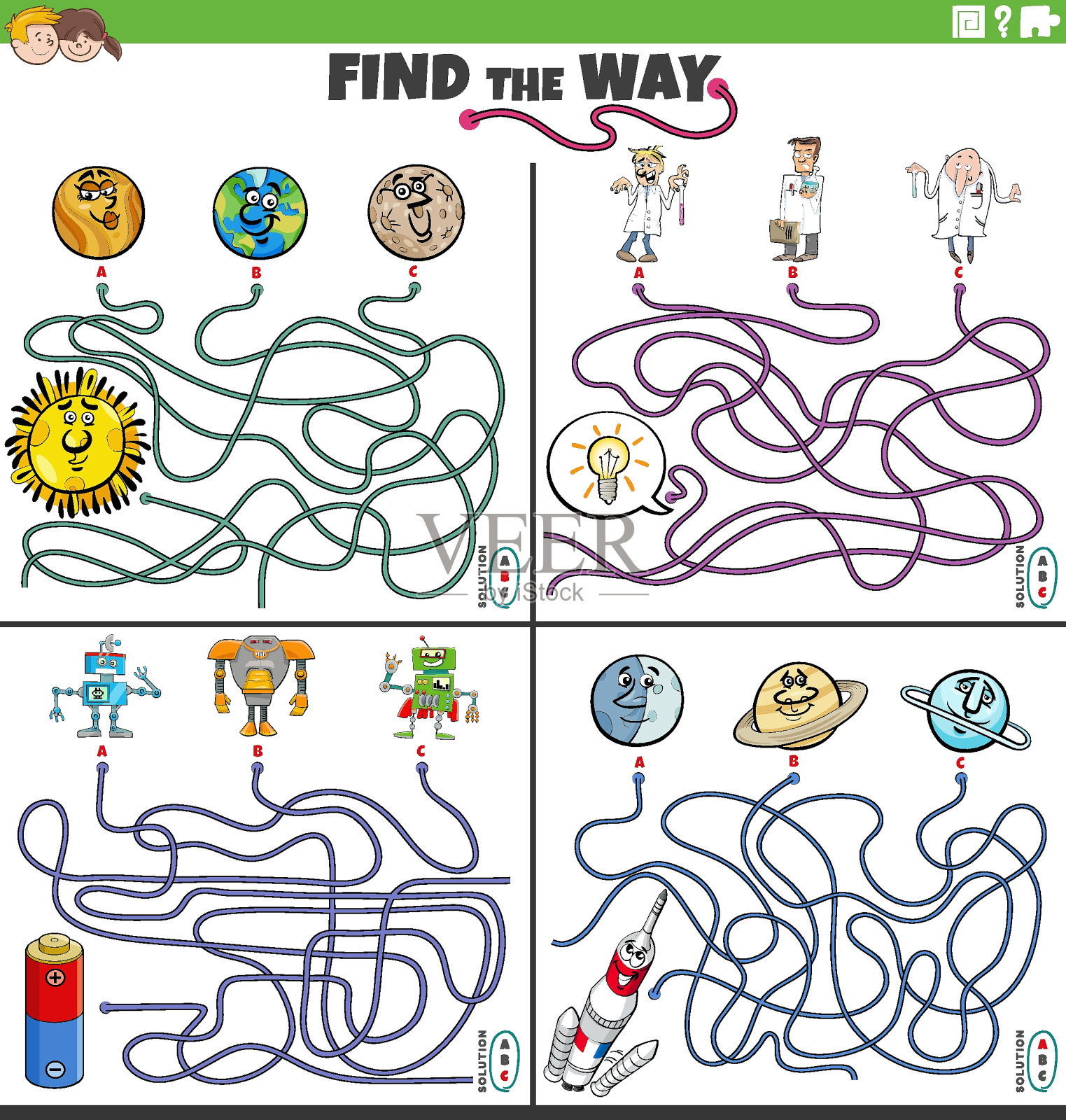 寻找迷宫的方式设置与卡通人物的游戏插画图片素材