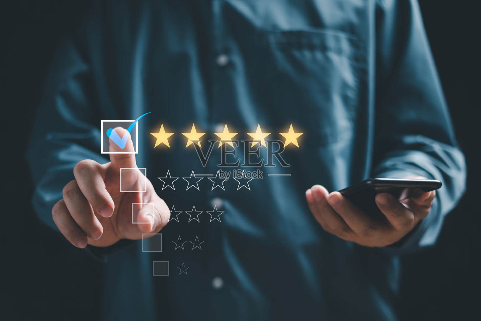 顾客对服务体验的评价和在线应用程序的服务体验评价，人们使用智能手机对满意度反馈评论5星评价对生产的满意度照片摄影图片