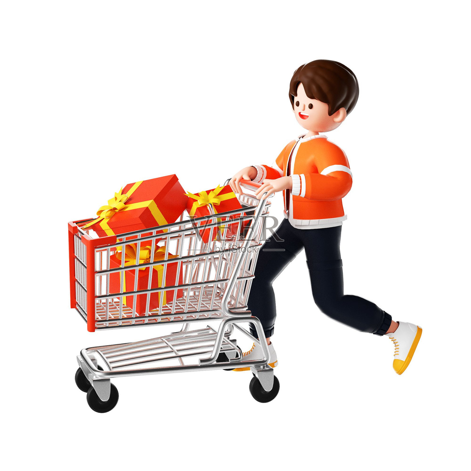 3D渲染的卡通插图，一个快乐的年轻人购物照片摄影图片