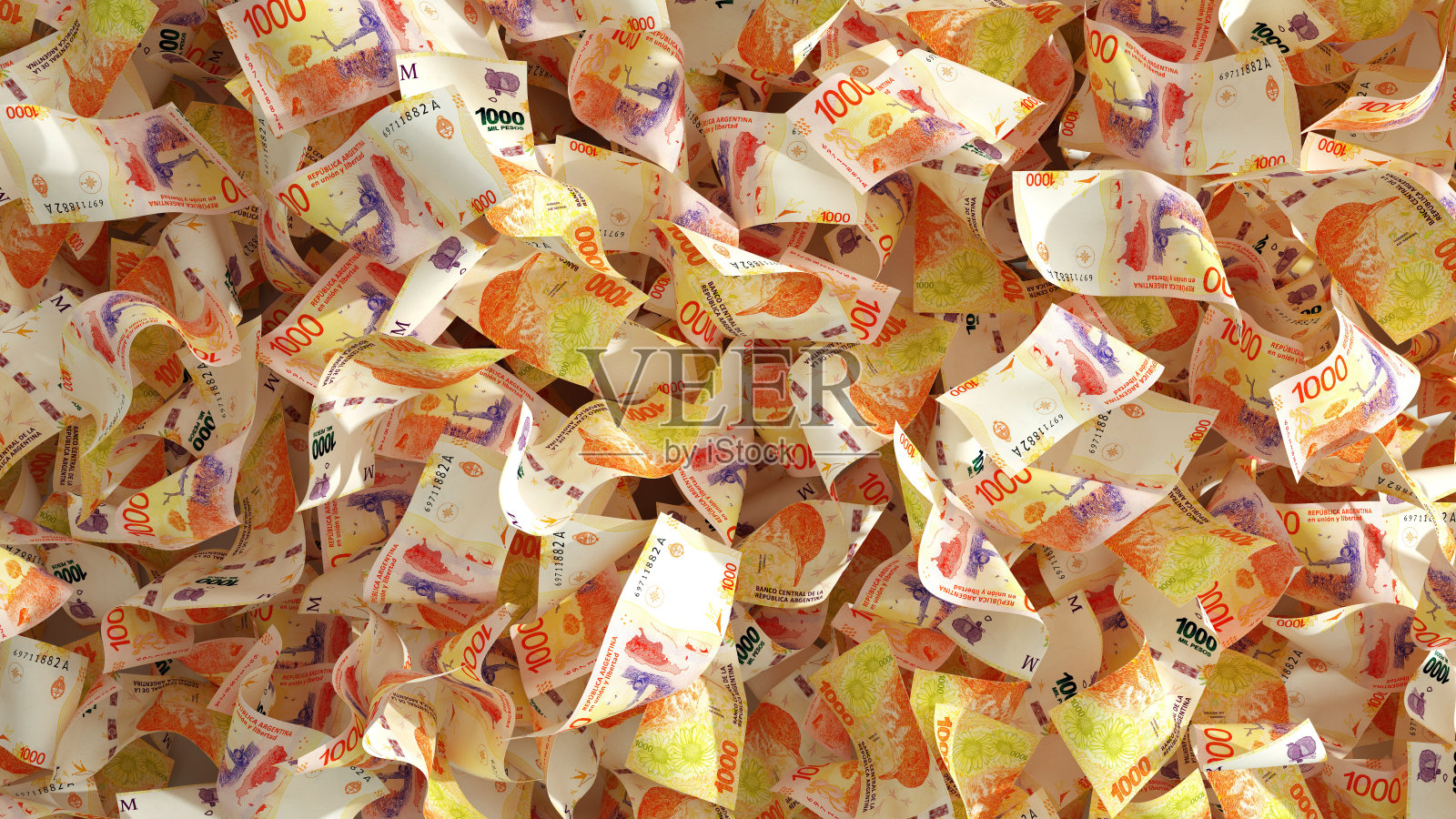 大量阿根廷比索钞票的3D渲染散布在表面上。钱的背景照片摄影图片