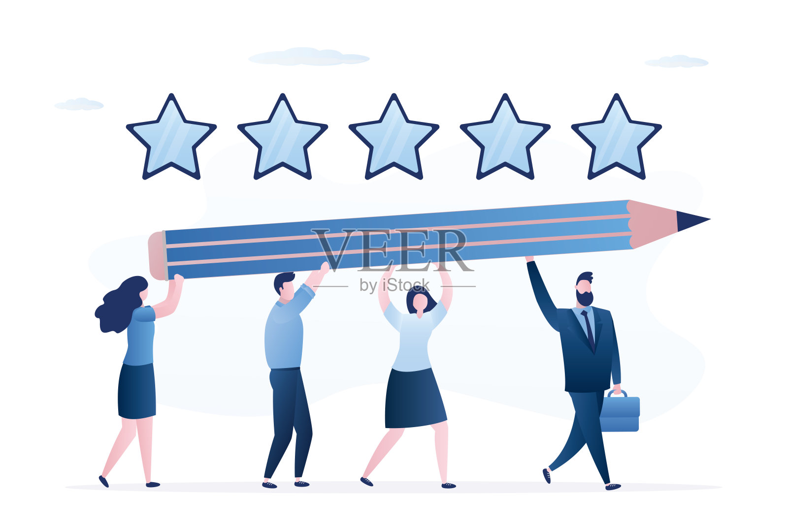 一群人拿着大铅笔。反馈，积极的评价。高排名，在积极评价之后。在线调查，推荐信。团队讨论，社区，交流。插画图片素材