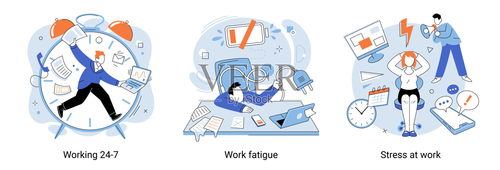 工作压力大，工作期限短。筋疲力尽的员工苦于工作，比喻疲劳插画图片素材