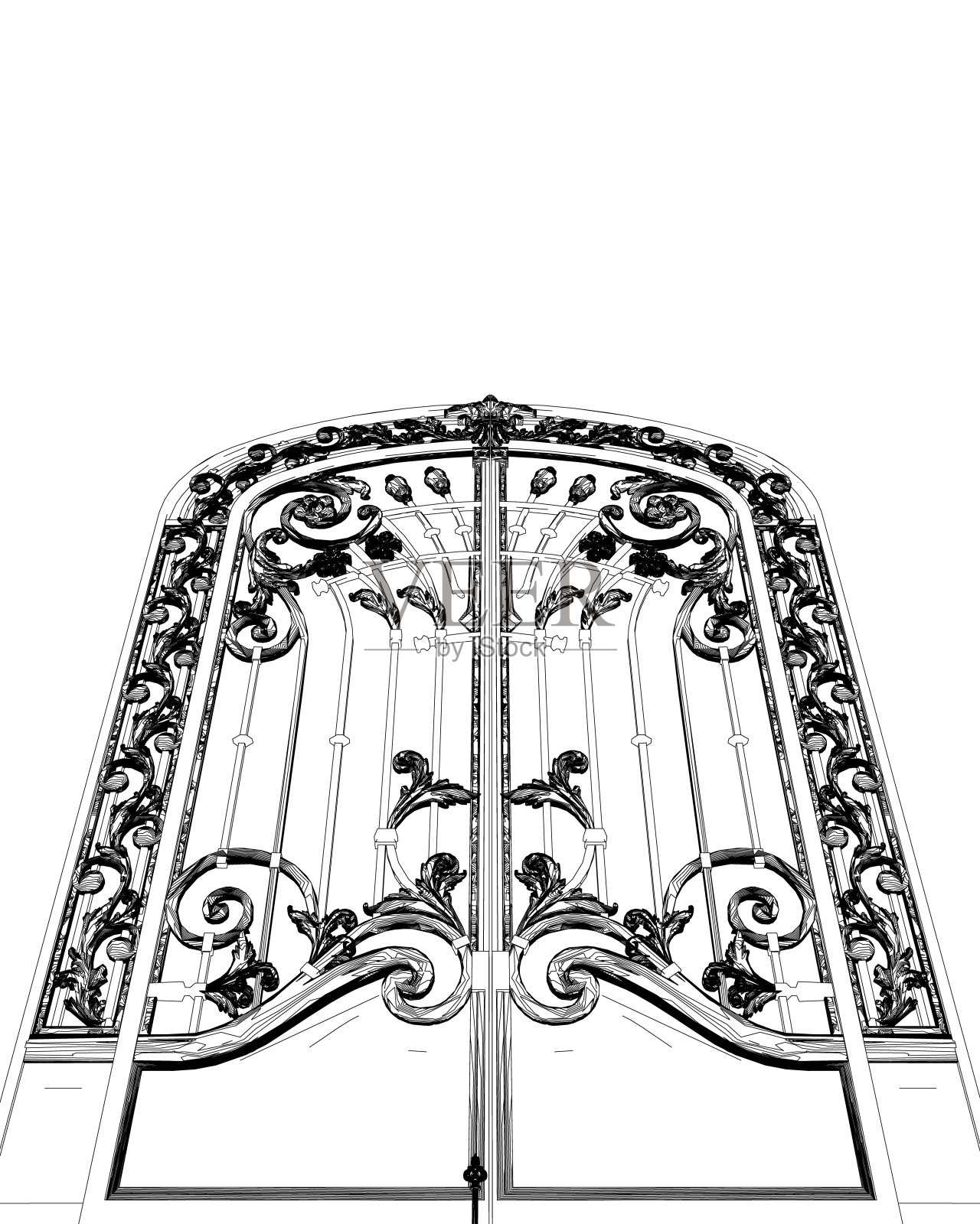 栅栏大门的轮廓孤立的卡通图标。矢量金属入口。矢量插图栅栏门上的白色背景。矢量插图栅栏大门白色背景。装饰建筑元素插画图片素材