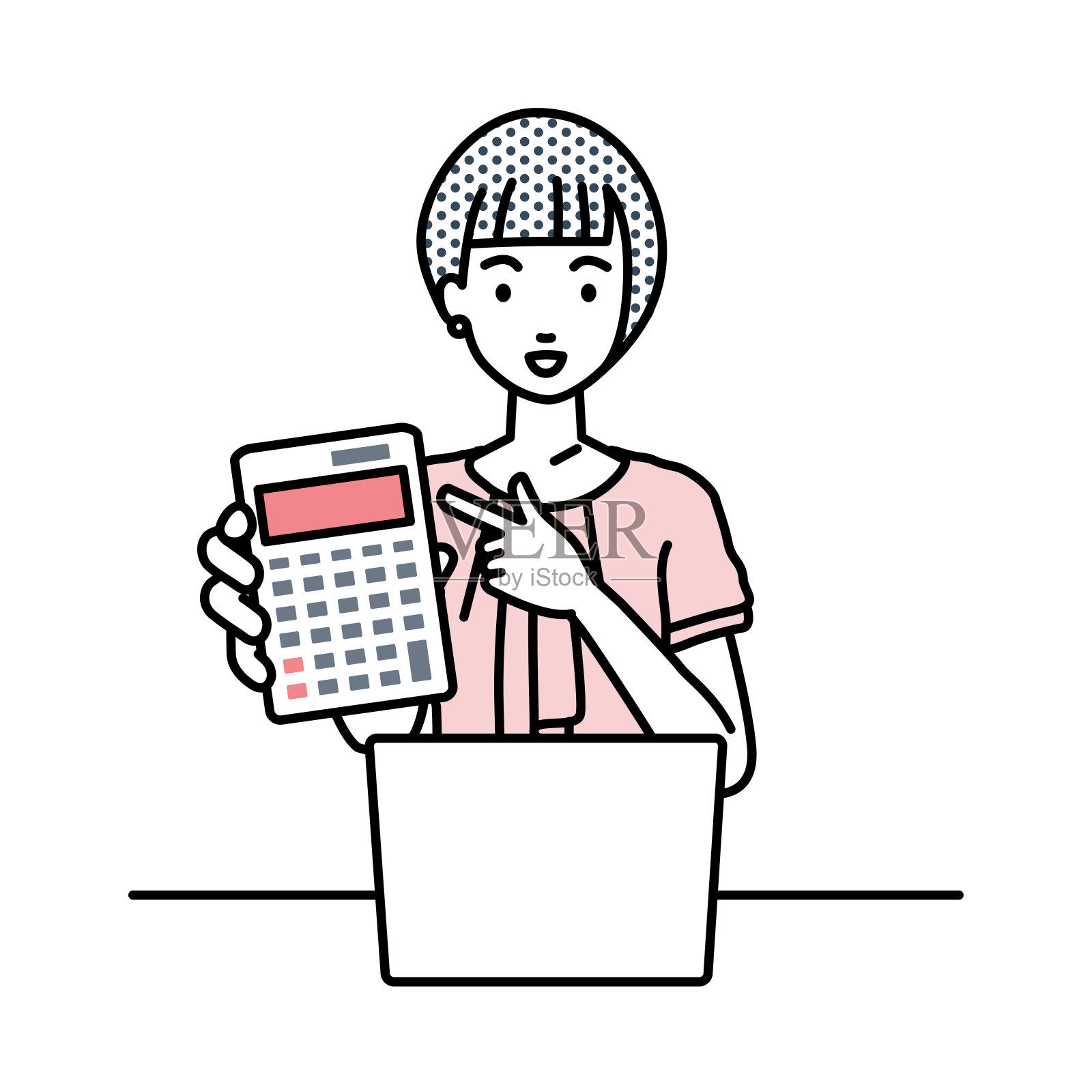 一个工作风格随意的女人，在笔记本电脑前微笑着推荐、提议、展示估算和指着计算器插画图片素材