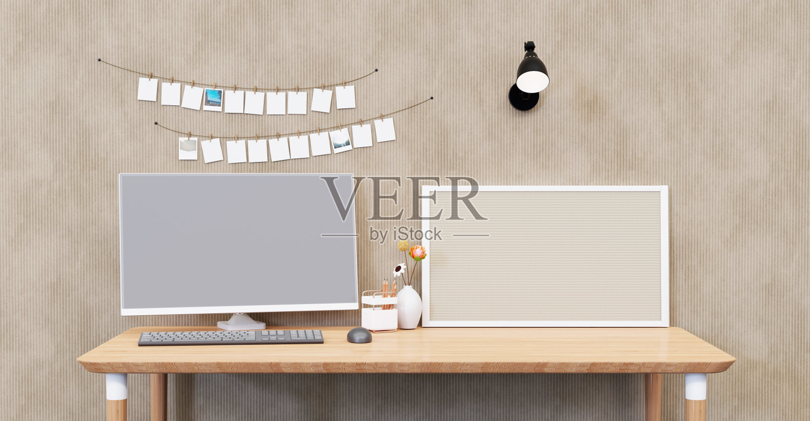 办公桌，白色的办公室房间极简风格的电脑文具和宽阔的张贴它和灯宽阔的粘贴笔记3D插图照片摄影图片