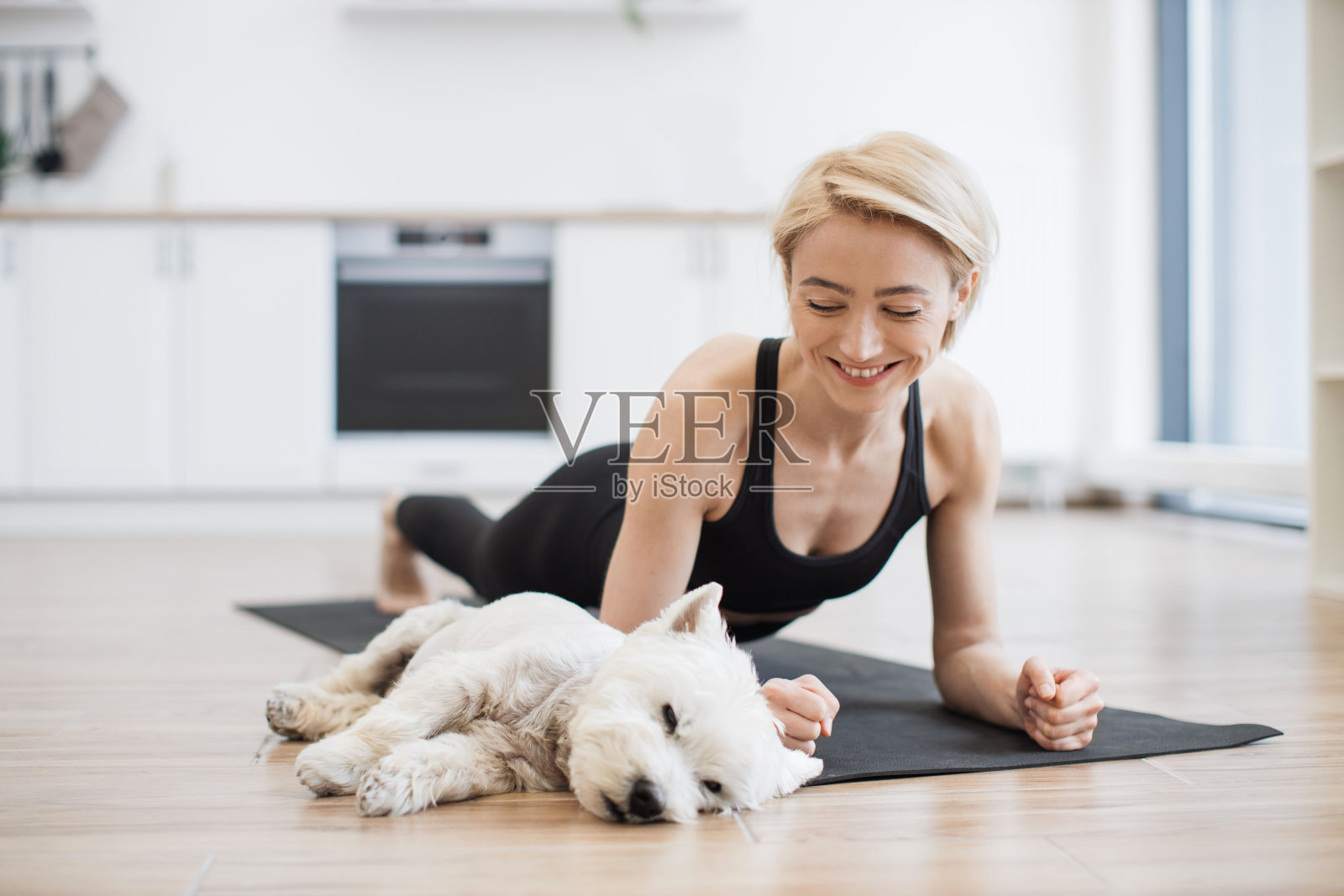 当无聊的狗躺在地板上时，女士在做仰卧式II照片摄影图片