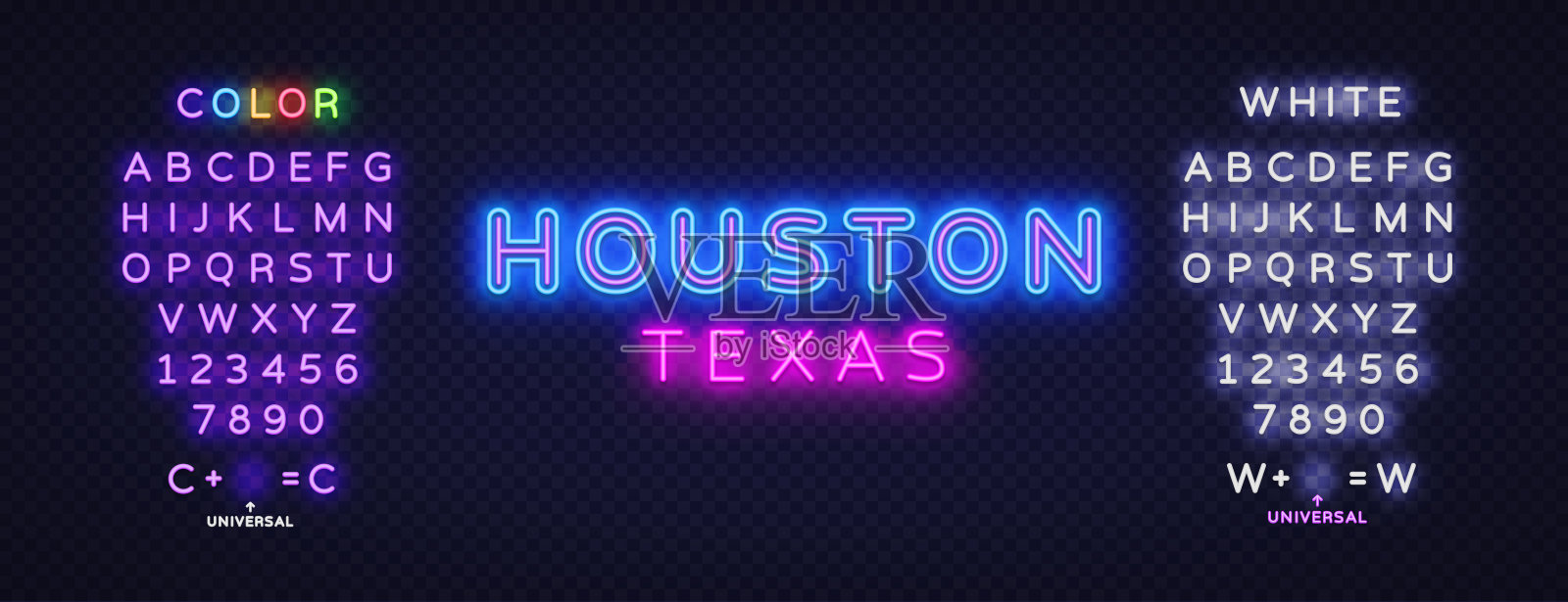 休斯顿霓虹灯在美国风格的光背景。光的发光效果。编辑文本霓虹灯。矢量插图数字化设计插画图片素材