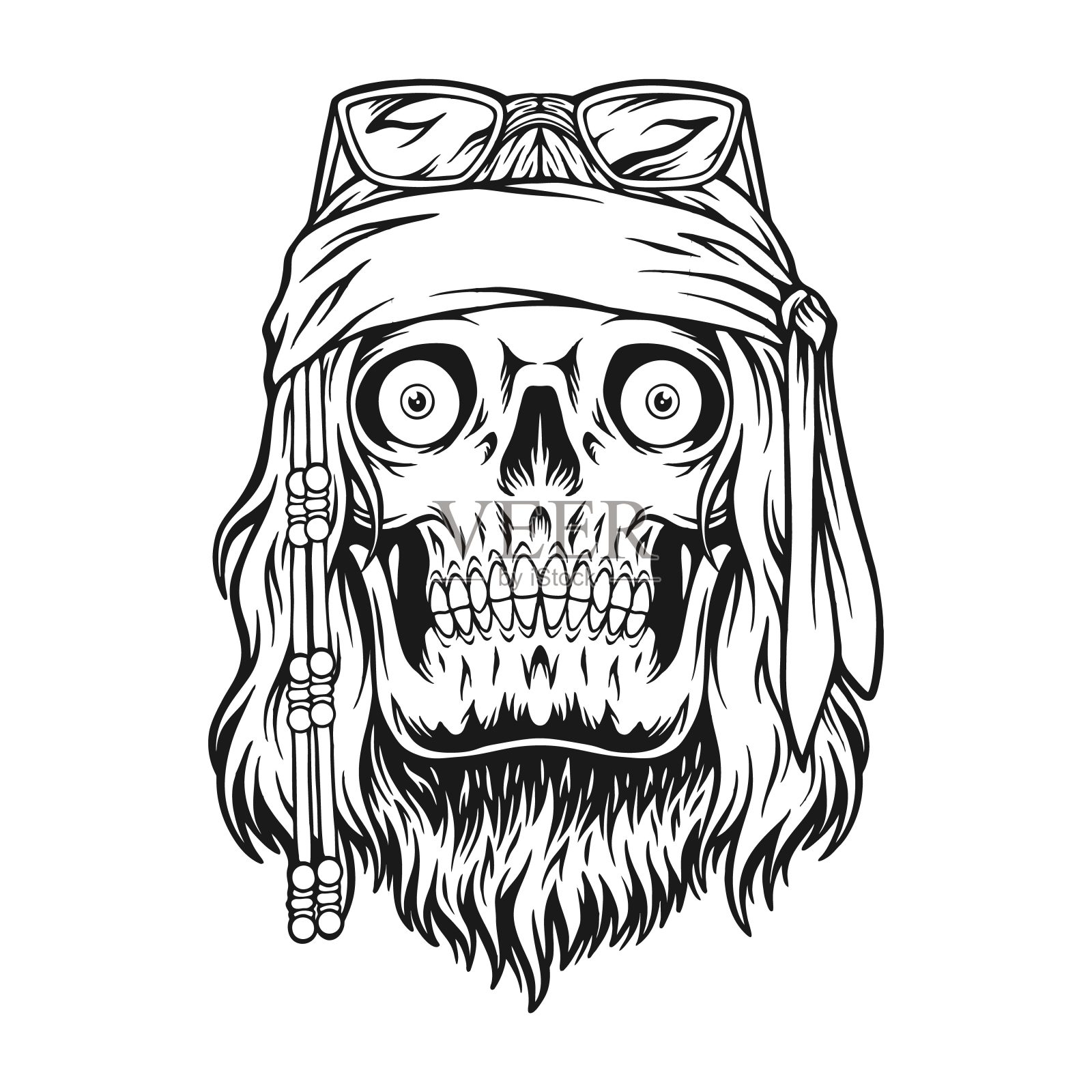 令人毛骨悚然的头骨头嬉皮士与头带太阳镜插图单色插画图片素材