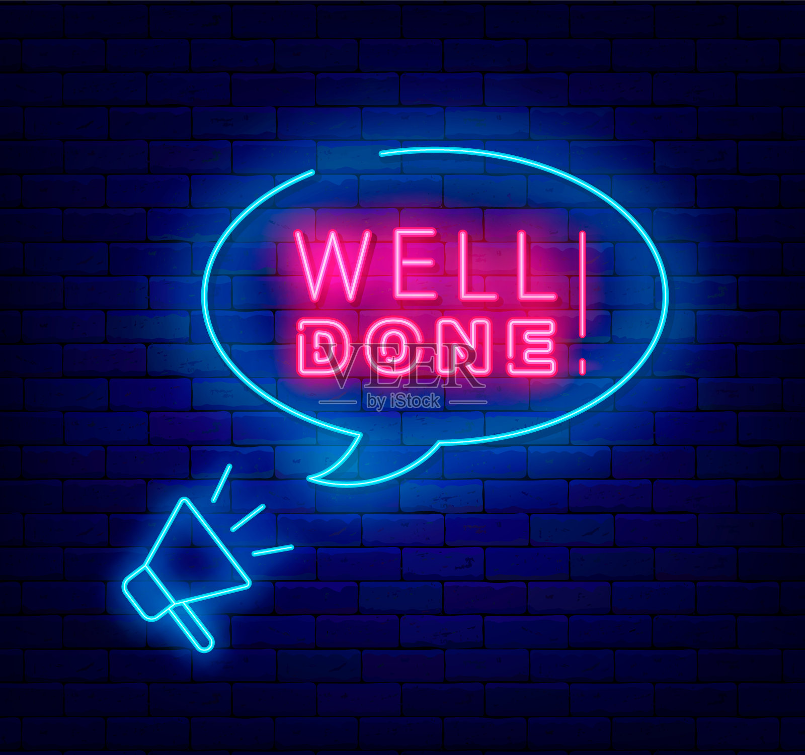 霓虹灯广告做得好。带扩音器的语音气泡框。闪亮简单的横幅。矢量股票插图插画图片素材