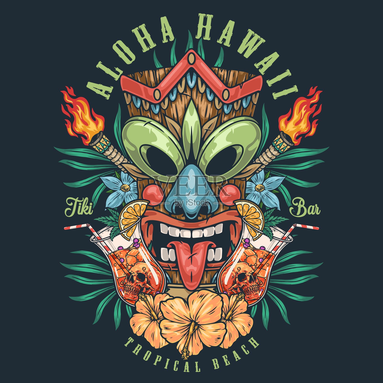 夏威夷提基面具的会徽五颜六色插画图片素材