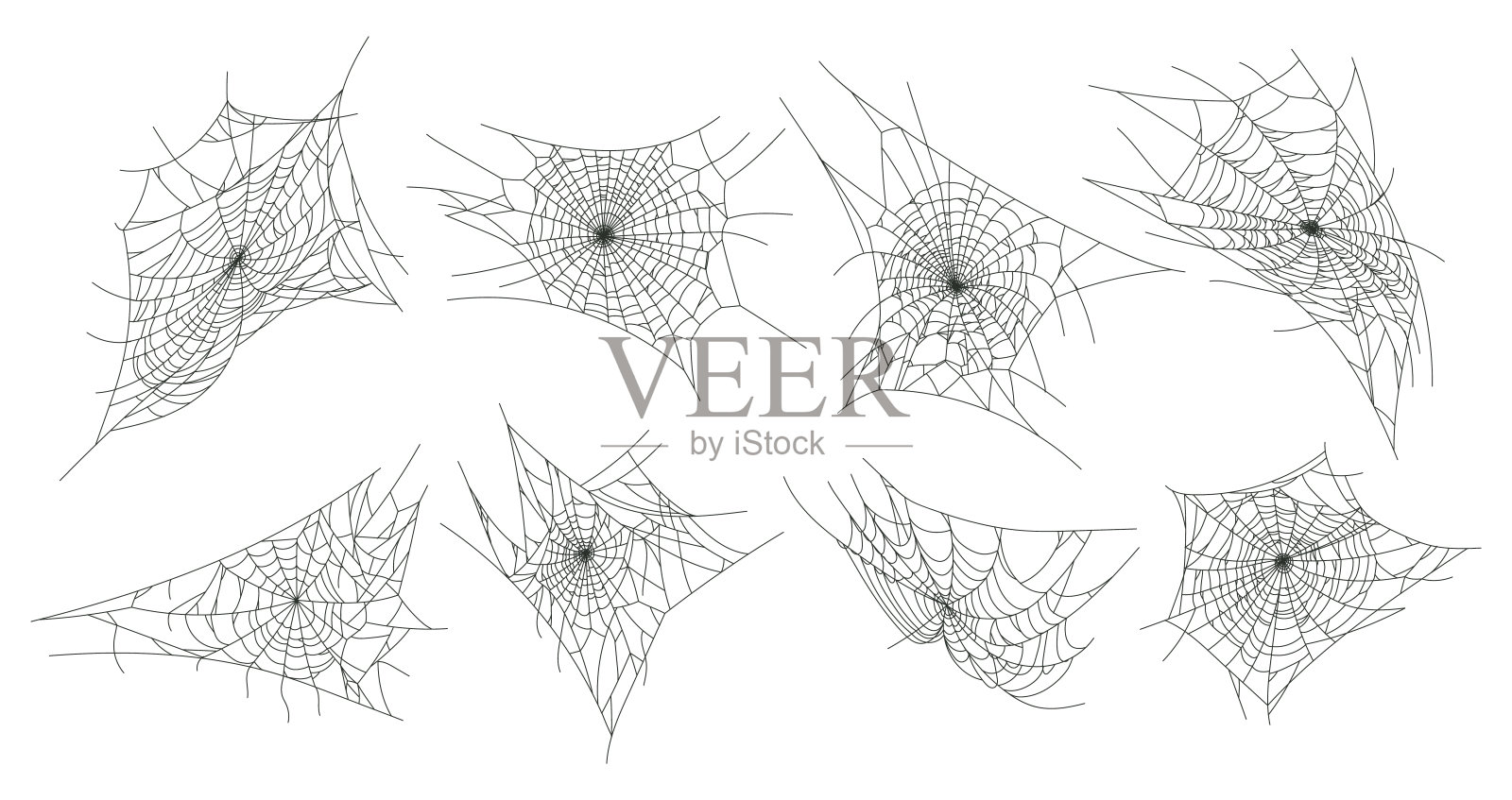 蜘蛛网。万圣节幽灵蜘蛛网，恐怖万圣节装饰平面矢量插图集。可怕的万圣节蜘蛛网插画图片素材