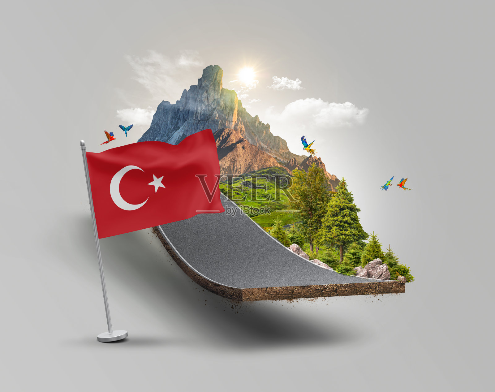 创意飘浮的绿色土地上有土耳其国旗，幻想飘浮在路上的国旗照片摄影图片