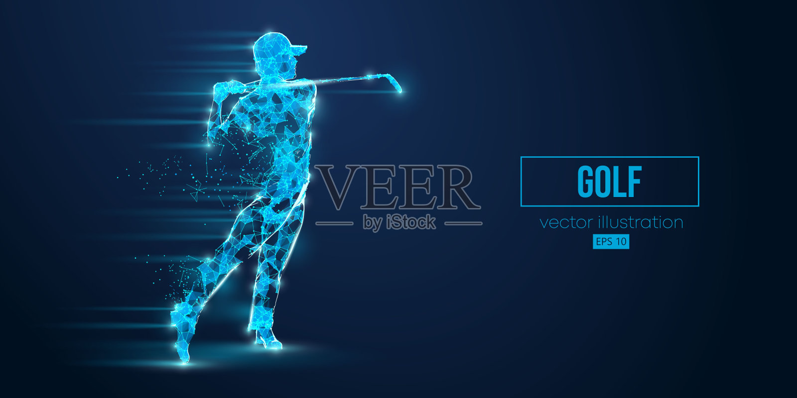 抽象线框轮廓的高尔夫球员从三角形和粒子在蓝色背景。高尔夫球手击球。矢量图插画图片素材