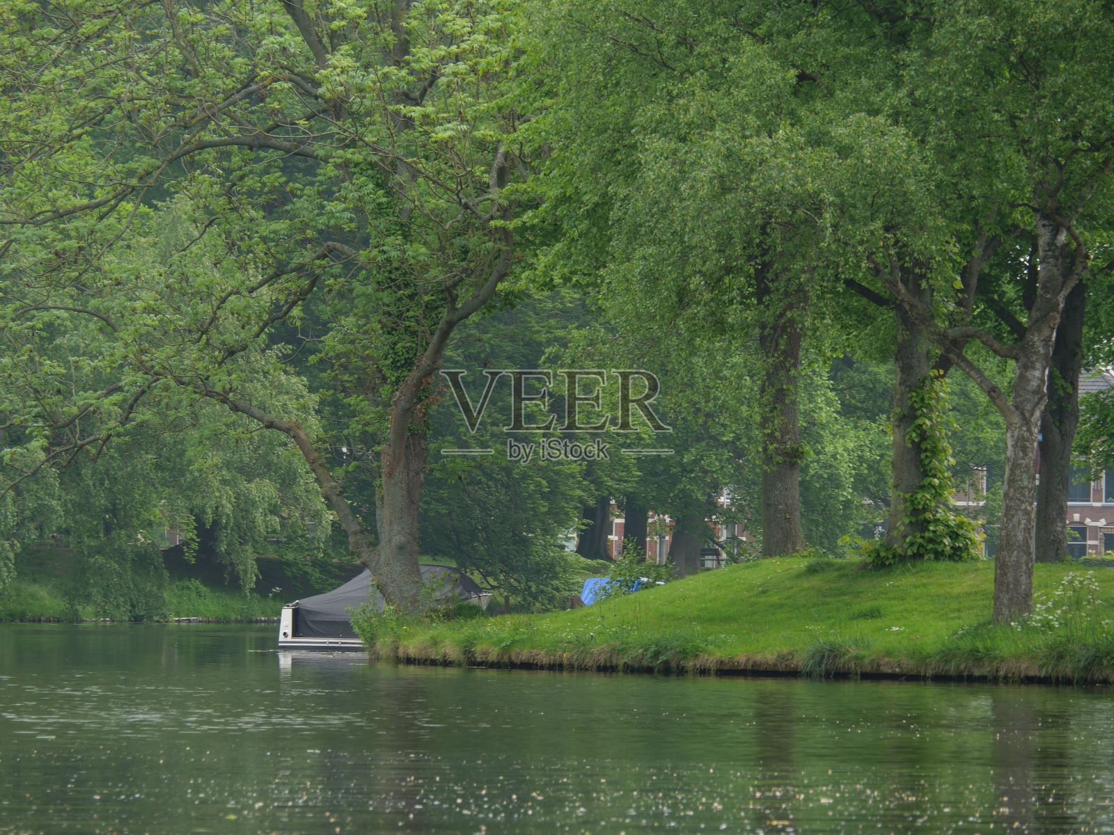 船停泊在荷兰莱顿市平静的水面上，附近是郁郁葱葱的绿色植被照片摄影图片