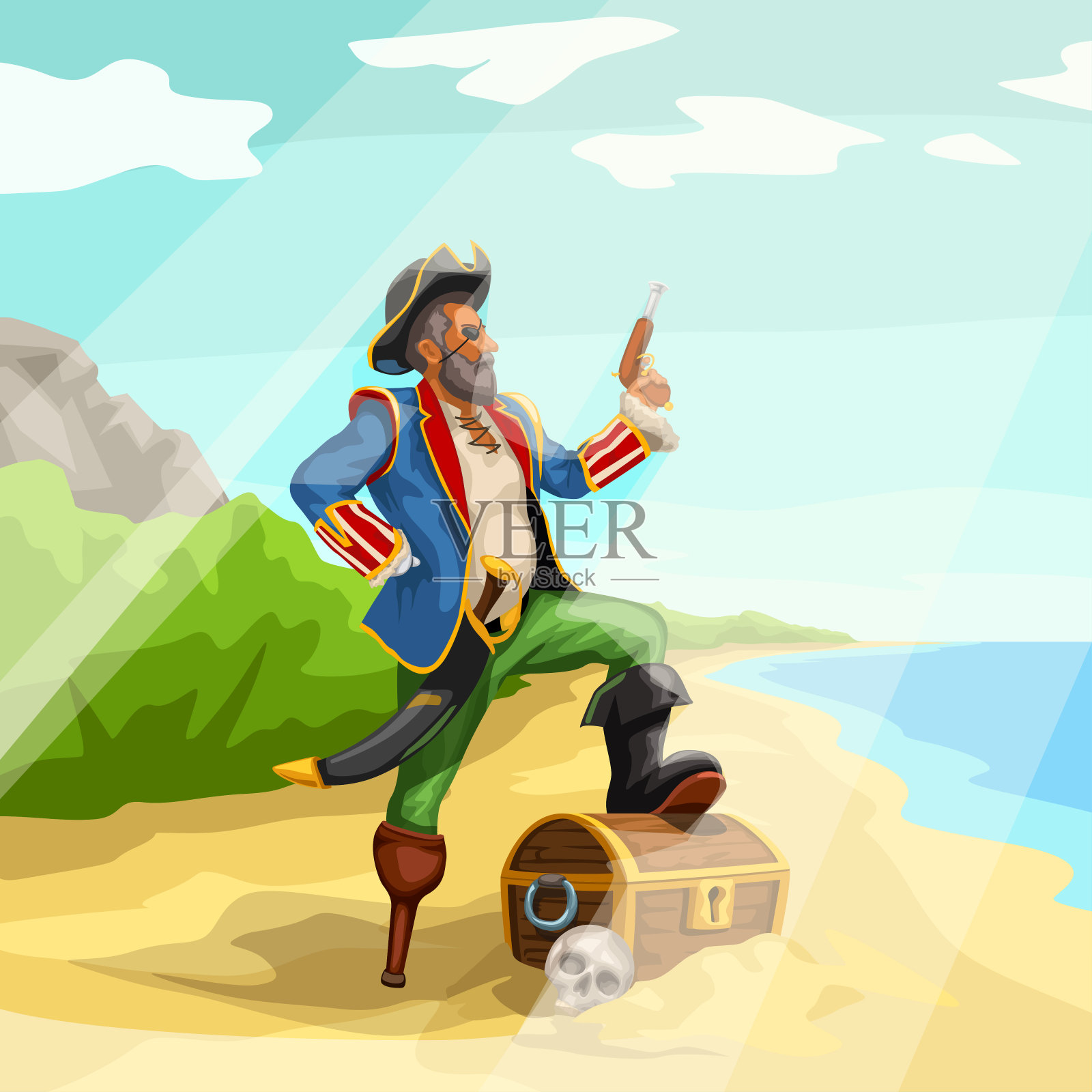 带着财宝在海滩上的海盗插画图片素材