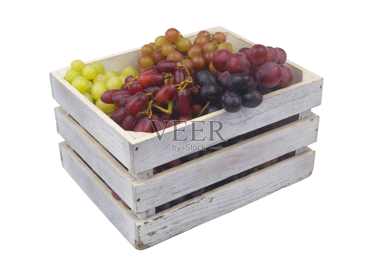 白色木箱与葡萄品种隔离在白色照片摄影图片