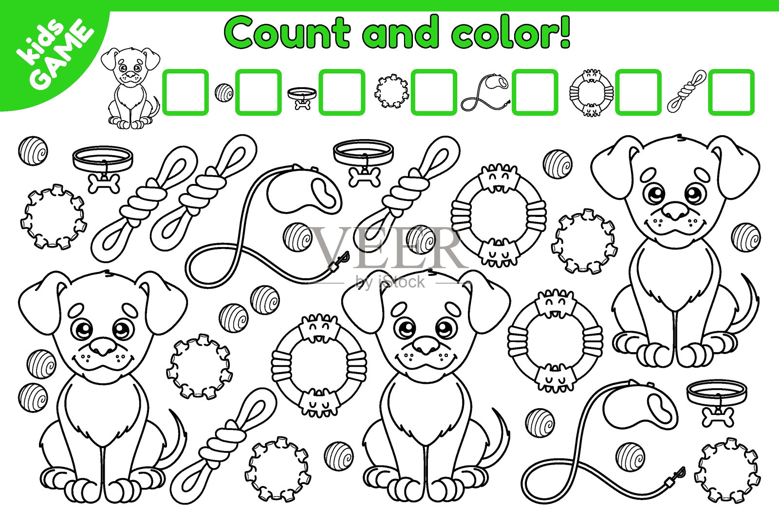 游戏数和彩色卡通狗与配件插画图片素材