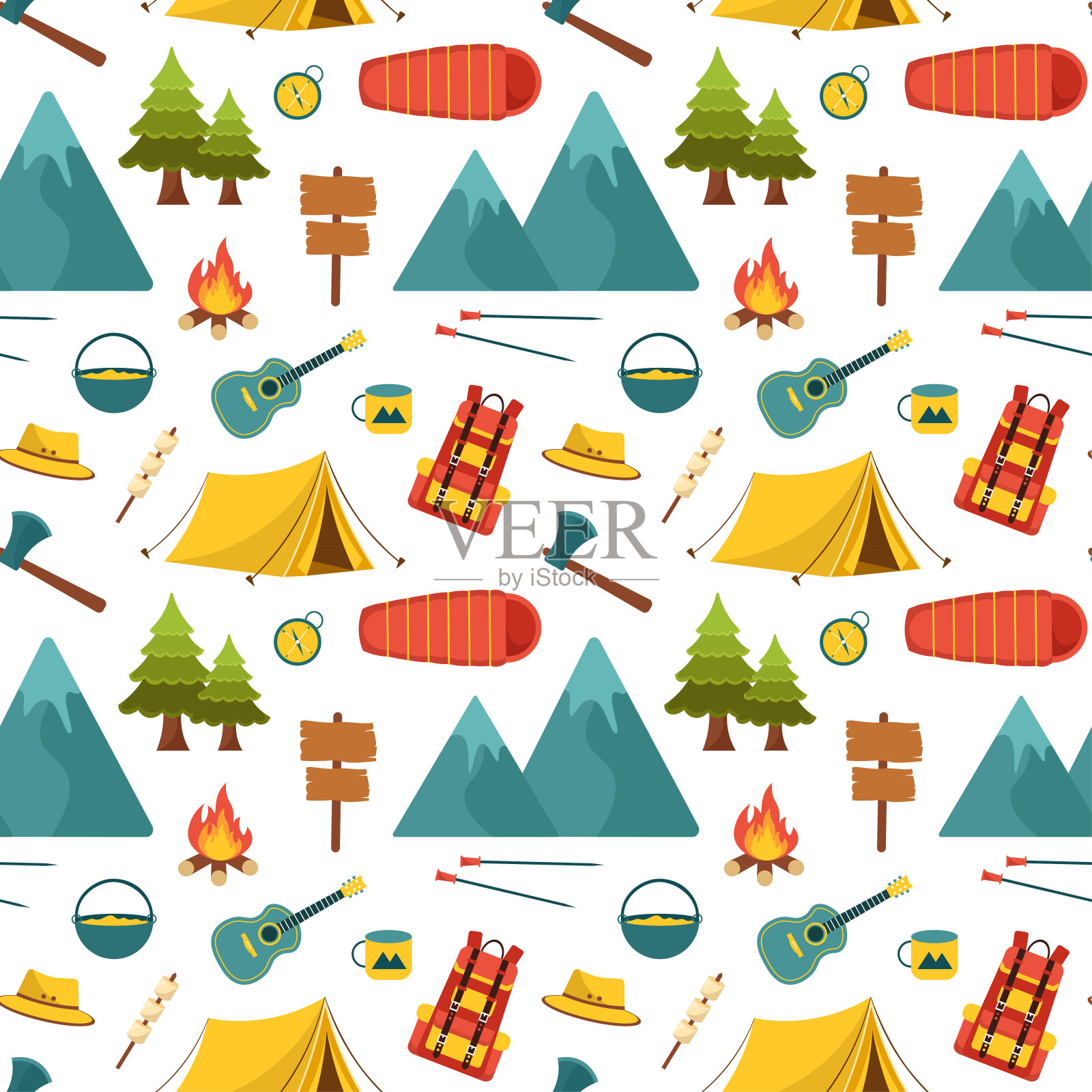 夏令营露营与旅游元素模板无缝图案设计手绘卡通平面插画插画图片素材