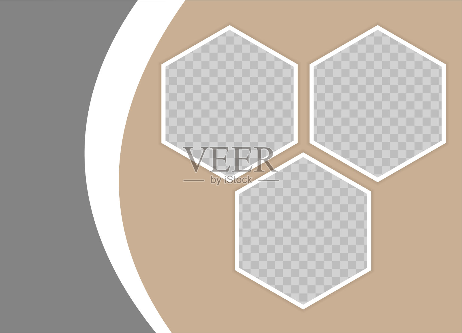 三个空的六边形相框。矢量模型的设计，广告，演示文稿，照片，拼贴。横幅模板，传单，传单对米色和灰色的背景。EPS10。插画图片素材