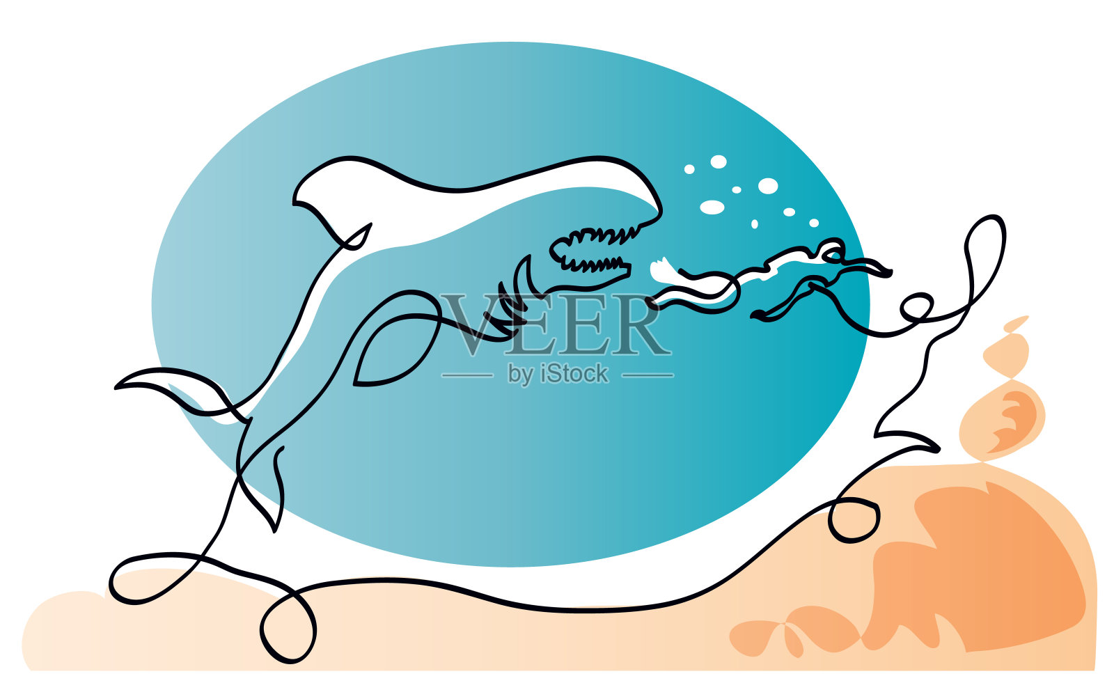 鲨鱼和潜水员的线条图。插画图片素材