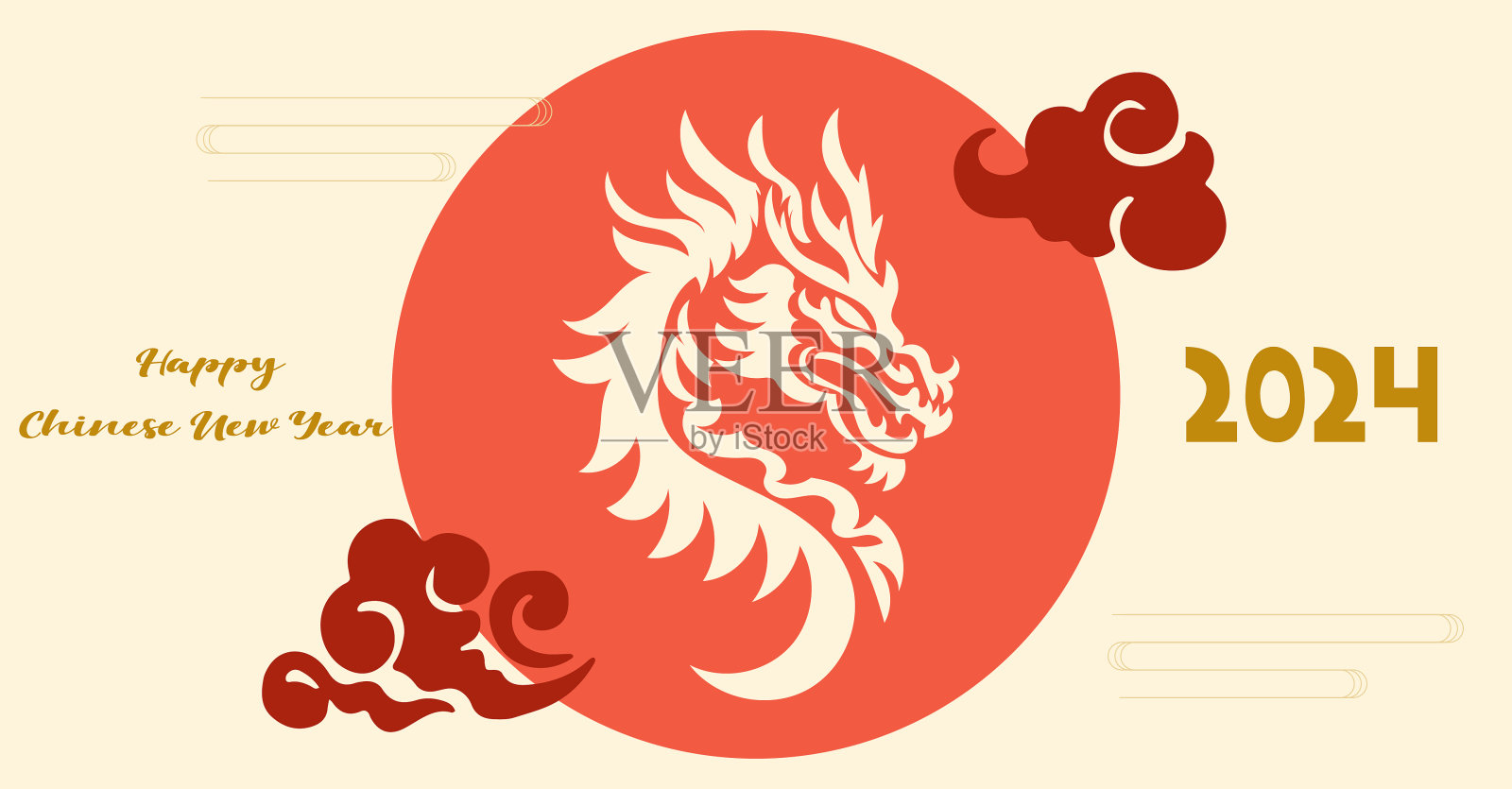中国农历2024年龙年，红色和金色线条艺术人物，简单的手绘亚洲元素与工艺(中文翻译:祝中国农历2024年新年快乐)插画图片素材