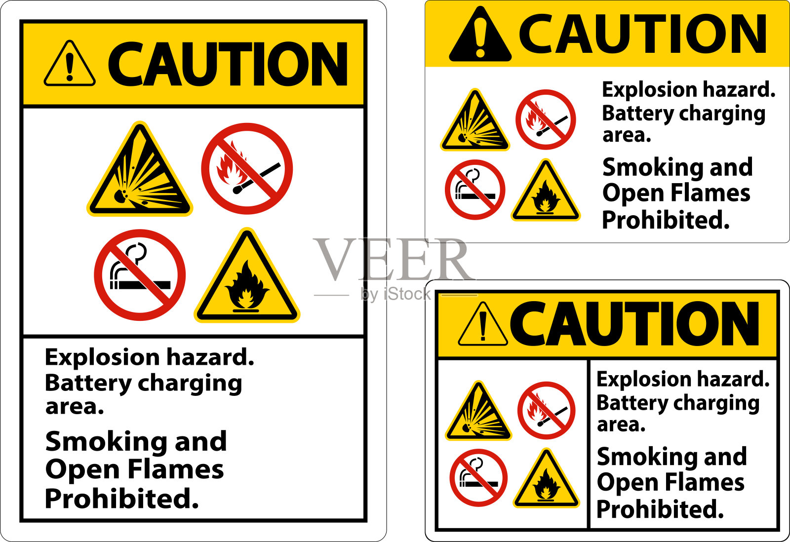 爆炸危险、电池充电区、禁止吸烟和明火插画图片素材