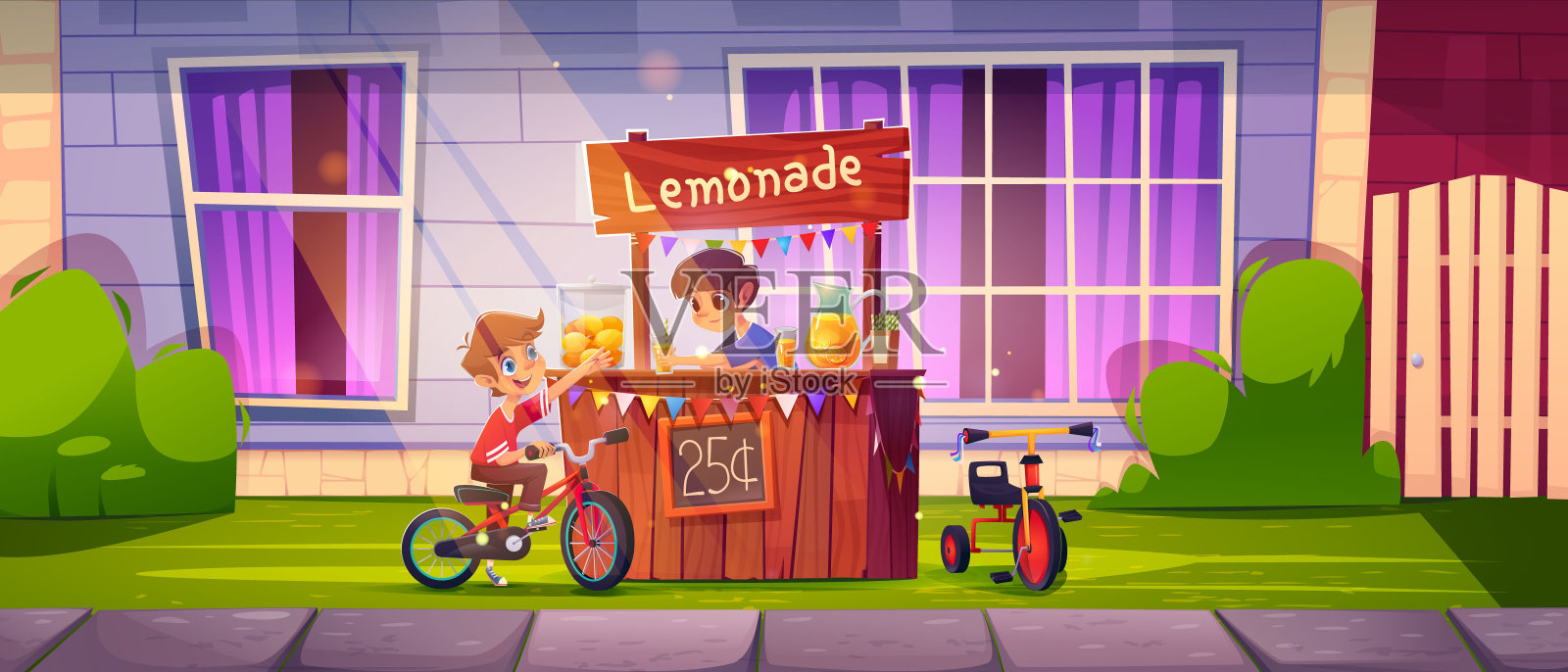 卖柠檬水的摊位上有小孩和自行车漫画插画图片素材